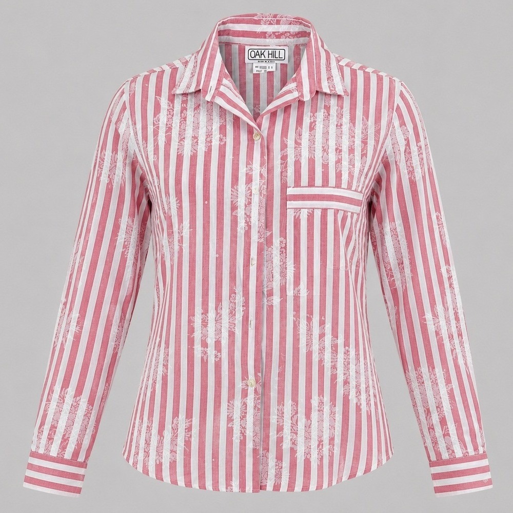 Vintage 90's Oak Hill Red White Striped Floral Button Down Shirt Size 8 Made USA